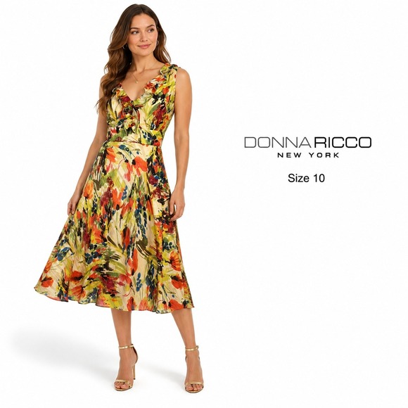 Donna Ricco Dresses & Skirts - Donna Ricco Floral Midi Dress Womens 10 Yellow Abstract Ruffle Garden Artsy Chic